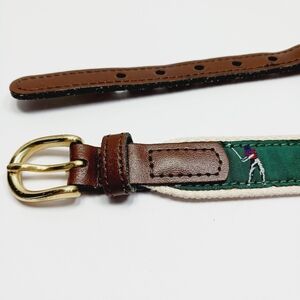 TALBOTS KIDS Golfers Natural Canvas & Forest Green Embroidered Belt Sz M EUC
